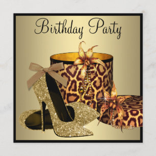 Pearls High Heel Shoes Black Gold Womans Birthday Invitation