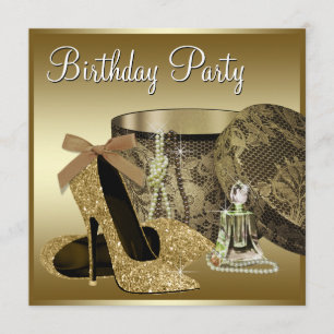Pearls High Heel Shoes Black Gold Womans Birthday Invitation