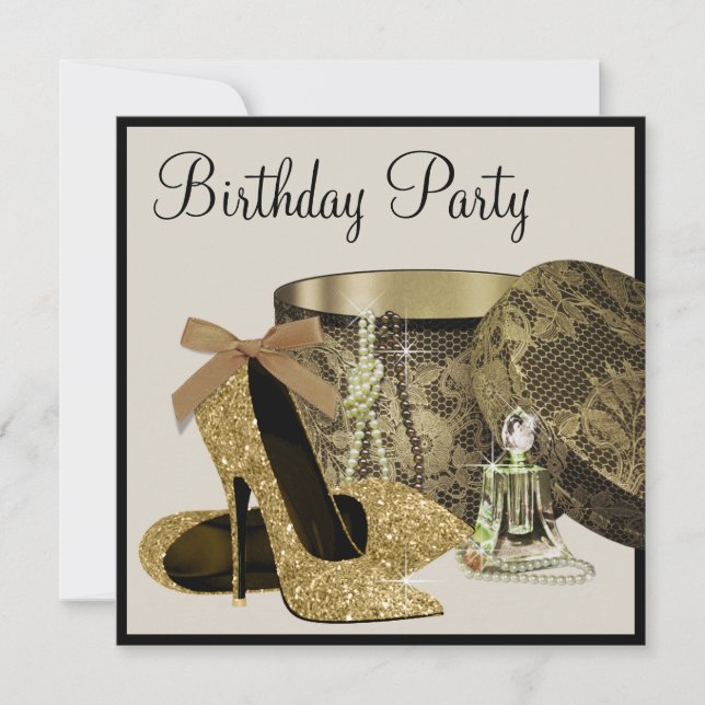 Pearls High Heel Shoes Black Gold Womans Birthday Invitation (Front)