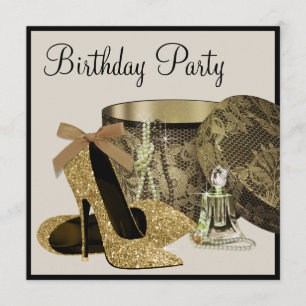 Pearls High Heel Shoes Black Gold Womans Birthday Invitation