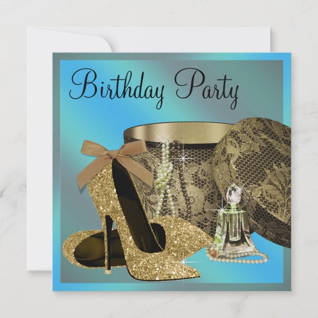 Pearls High Heel Shoes Teal Blue Womans Birthday Invitation (Front)