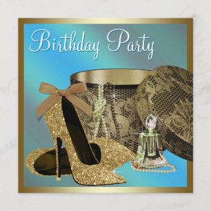 Pearls High Heel Shoes Teal Blue Womans Birthday Invitation