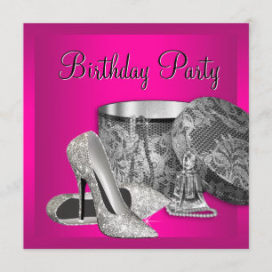 Pearls High Heel Shoes Womans Hot Pink Birthday Invitation