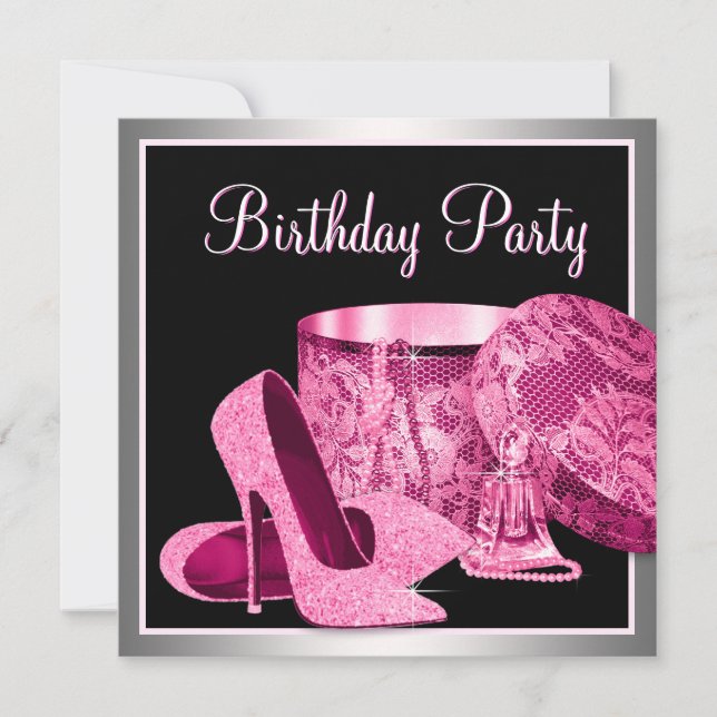 Pearls High Heel Shoes Womans Hot Pink Birthday Invitation (Front)