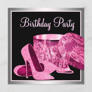 Pearls High Heel Shoes Womans Hot Pink Birthday Invitation