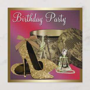 Pearls High Heel Shoes Womans Red Birthday Invitation