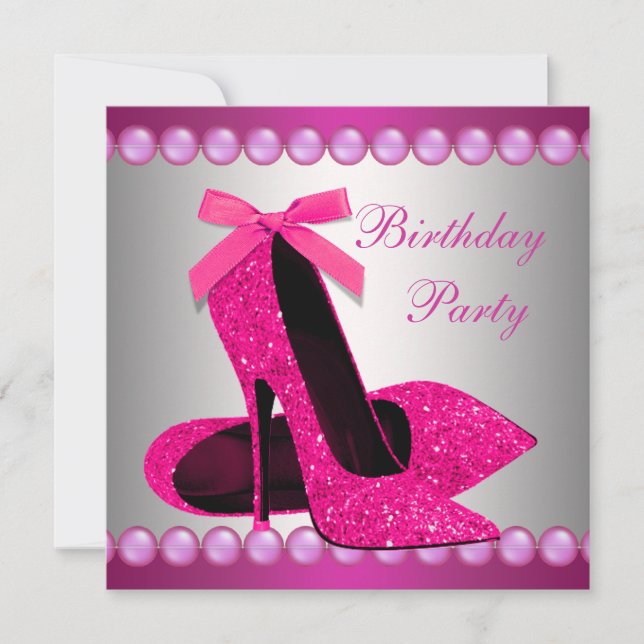 Pearls Hot Pink High Heels Shoes Birthday Party Invitation (Front)