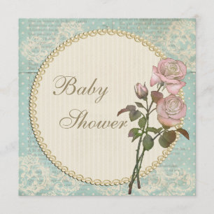 Pearls & Lace Shabby Chic Roses Baby Shower Invitation