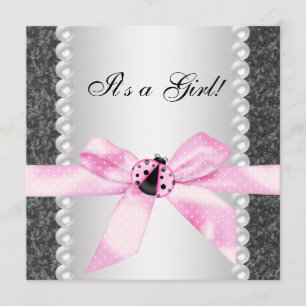 Pearls Ladybug Pink Black Baby Girl Shower Invitation