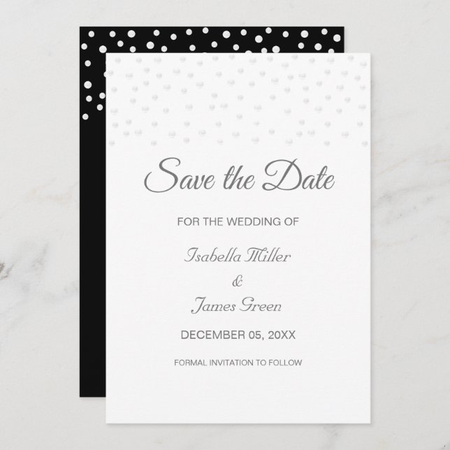 Pearls on Black & White Wedding Save the Date Card (Front/Back)