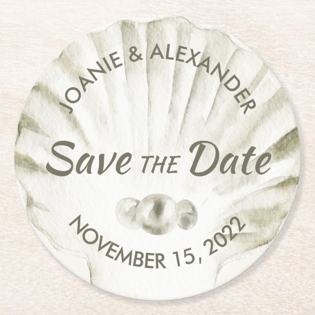 Pearls on White Scallop Shell Save the Date Round Paper Coaster (Front)