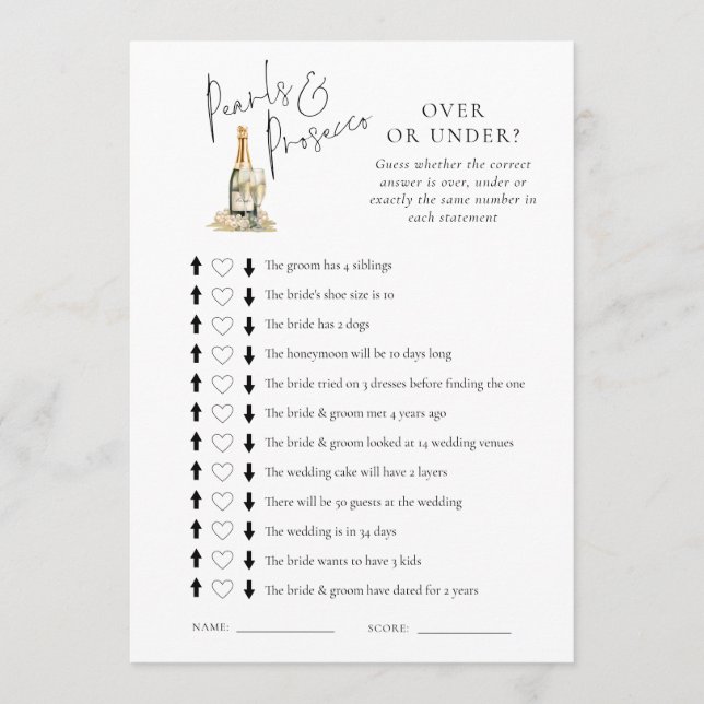 Pearls Over or Under Bridal Shower Game Card (Front)