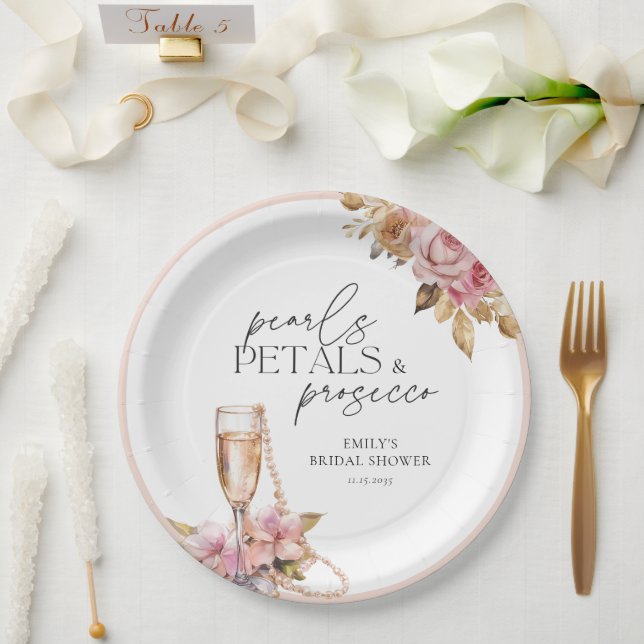 Pearls Petals & Prosecco Floral Bridal Shower Paper Plate (Wedding)