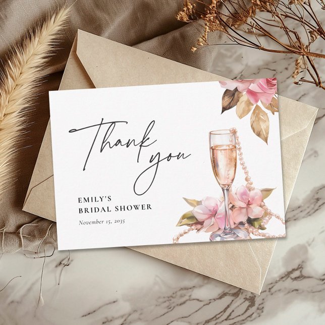 Pearls Petals & Prosecco Floral Bridal Shower Thank You Card (Creator Uploaded)