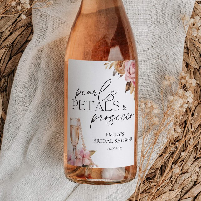 Pearls Petals & Prosecco Floral Bridal Shower Wine Label (Creator Uploaded)