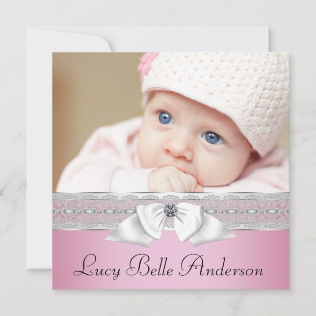 Pearls Pink Black Baby Girl Photo Birth Announcement (Front)