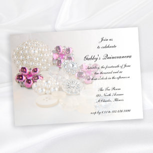 Pearls Pink Diamond Buttons Quinceañera Party Invitation