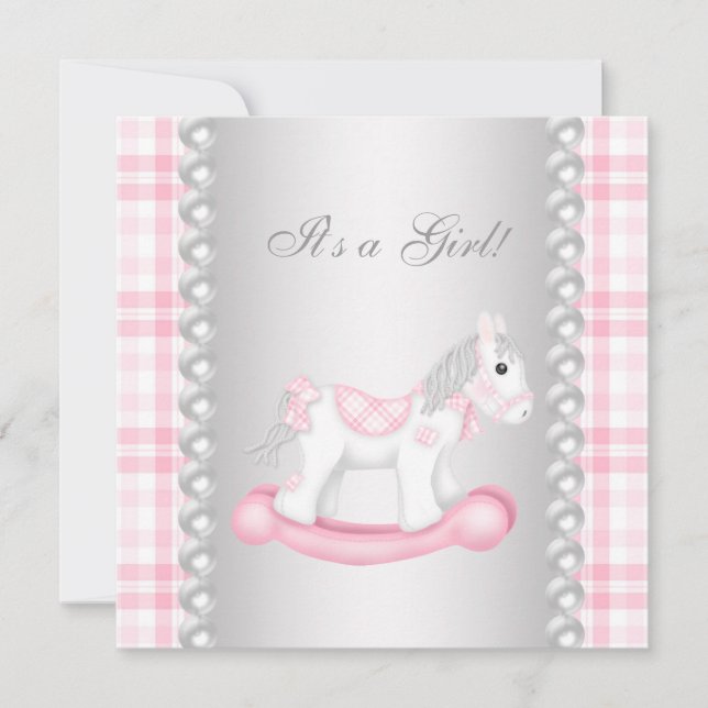 Pearls Pink Gingham Rocking Horse Baby Girl Shower Invitation (Front)