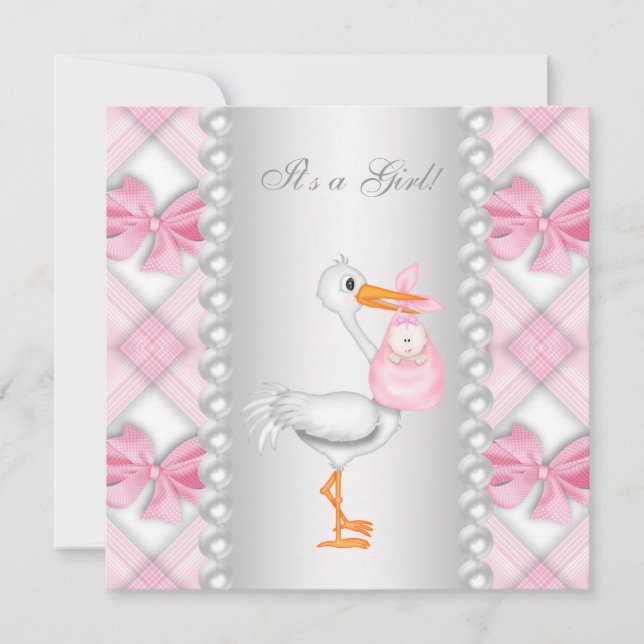 Pearls Pink Stork Baby Shower Invitation (Front)