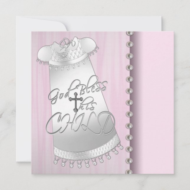 Pearls Pink White Baby Girl Christening Invitation (Front)
