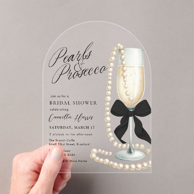 Pearls & Prosecco Black Bow Bridal Shower Acrylic Invitations (Insitu (Handheld))