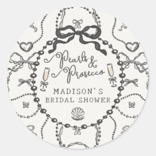Pearls & Prosecco Black Bow Bridal Shower Favor Classic Round Sticker