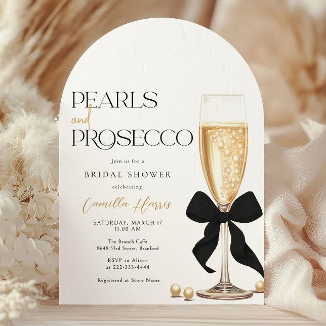 Pearls & Prosecco Black Bow Bridal Shower Invitation (Creator Uploaded)