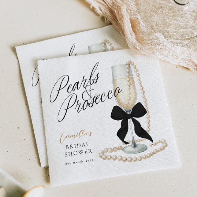 Pearls & Prosecco Black Bow Bridal Shower Napkin (Creator Uploaded)