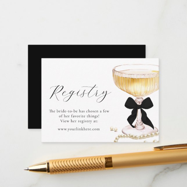 Pearls Prosecco Black Bow Bridal Shower Registry  Enclosure Card (Front/Back In Situ)