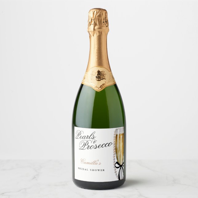 Pearls & Prosecco Black Bow Bridal Shower Sparkling Wine Label (Front)