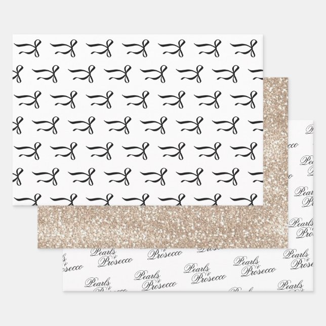Pearls & Prosecco Black Bow Bridal Shower Wrapping Paper Sheet (Set)