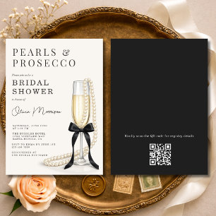 Pearls & Prosecco Black Bow QR Code Bridal Shower Invitation