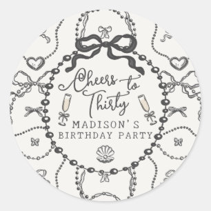 Pearls Prosecco Black Coquette Bow Birthday Favor Classic Round Sticker
