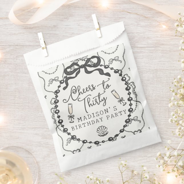 Pearls & Prosecco Black Coquette Bow Birthday Favour Bag (Clipped)