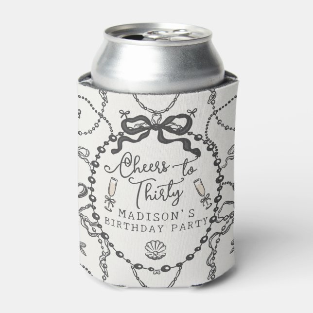Pearls Prosecco Black Coquette Bow Birthday Favour Can Cooler (Can Front)