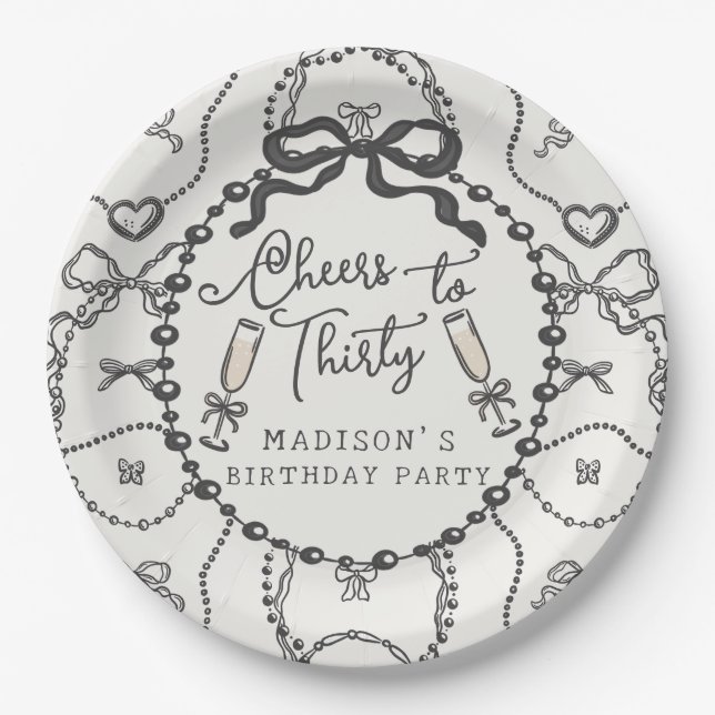 Pearls & Prosecco Black Coquette Bow Birthday Paper Plate (Front)