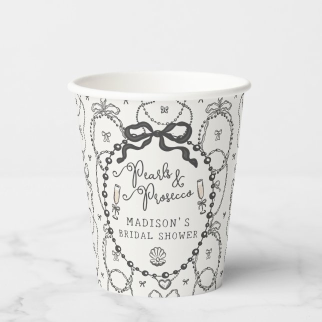 Pearls & Prosecco Black Coquette Bow Bridal Shower Paper Cups (Front)