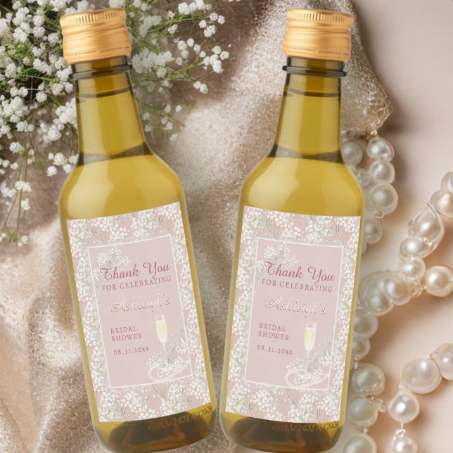 Pearls & Prosecco Blush Floral Bridal Shower Favou Wine Label (Creator Uploaded)