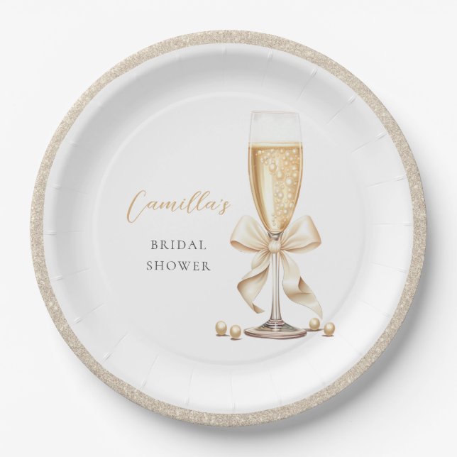 Pearls & Prosecco Bow Bridal Shower Paper Plate (Front)