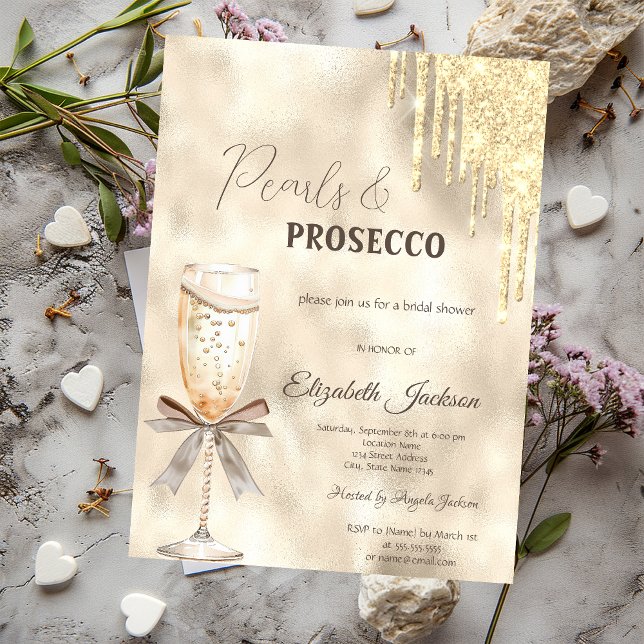 Pearls Prosecco Bow Glitter Drips  Invitation (Creator Uploaded)
