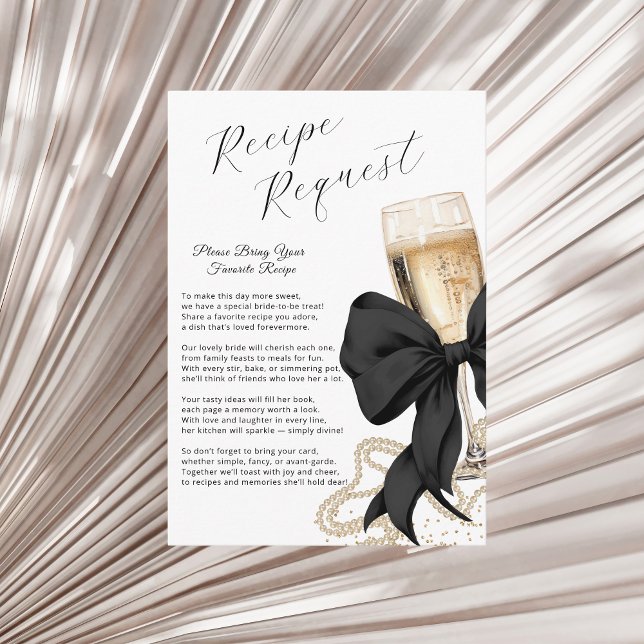 Pearls & Prosecco Bridal Recipe Black Bow Enclosure Card (Coquette Black Bow & Pearls Bridal Shower Enclosure card)
