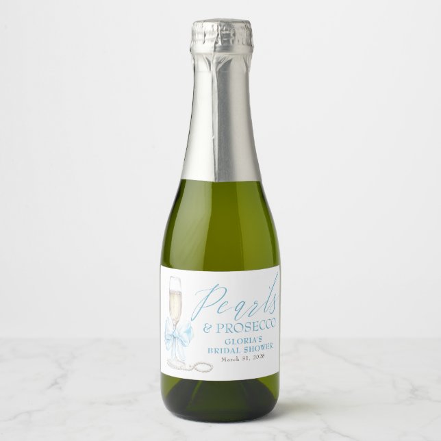 Pearls & Prosecco Bridal Shower Blue Bow  Sparkling Wine Label (Front)
