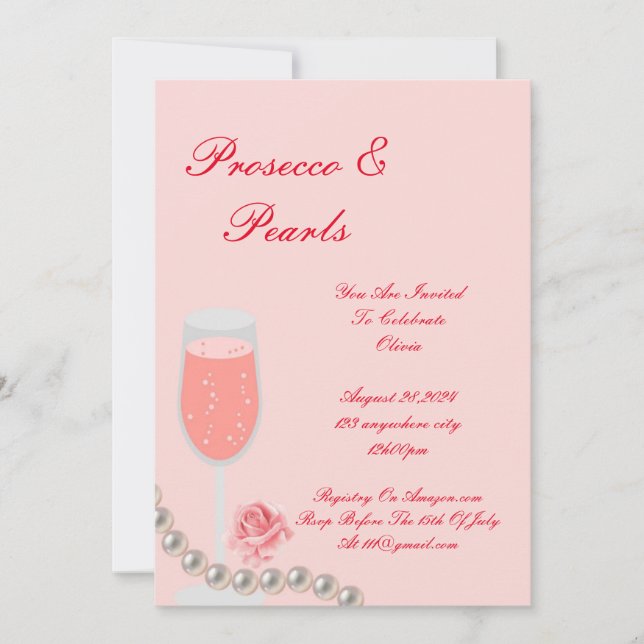 PEARLS & PROSECCO BRIDAL SHOWER PINK  INVITATION (Front)