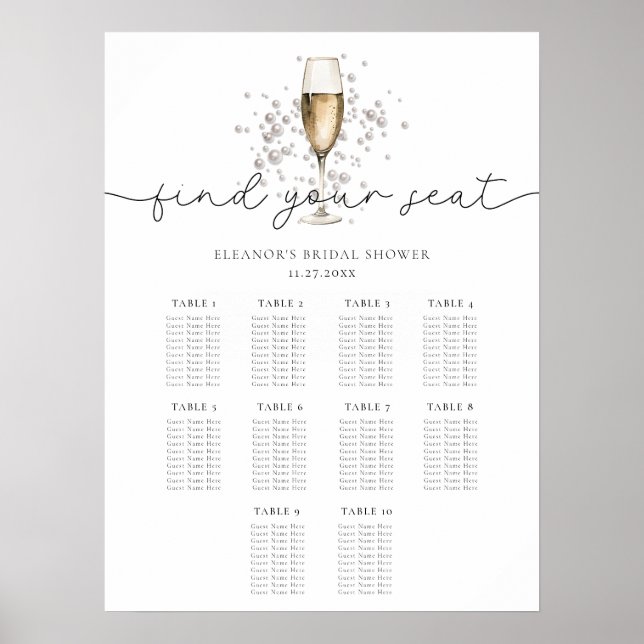 Pearls & Prosecco Bridal Shower Seating Chart Sign (Front)