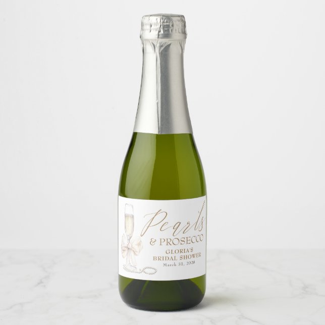 Pearls & Prosecco Bridal Shower White Bow  Sparkling Wine Label (Front)
