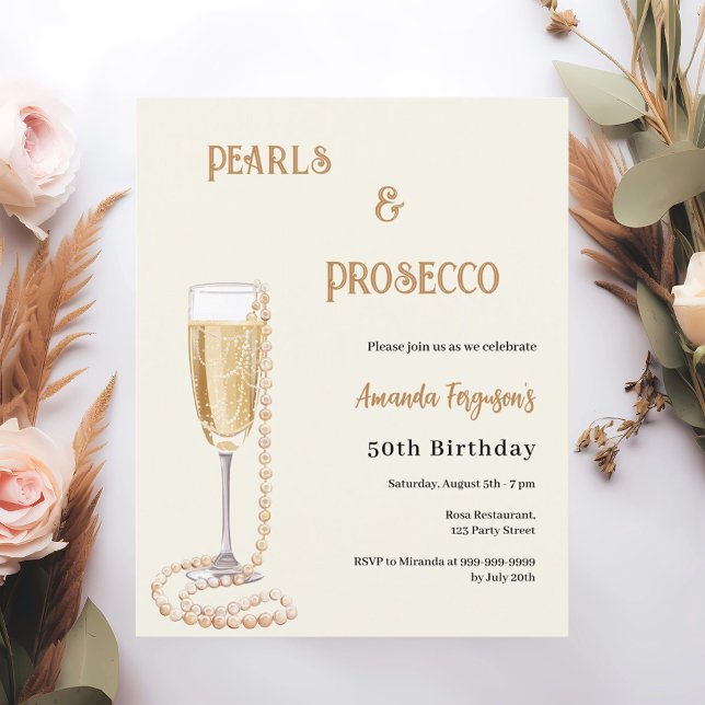 Pearls Prosecco bubbly gold birthday invitation (Creator Uploaded)