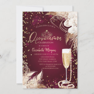 Pearls Prosecco Diamonds Boho Flowers Quinceañera Invitation