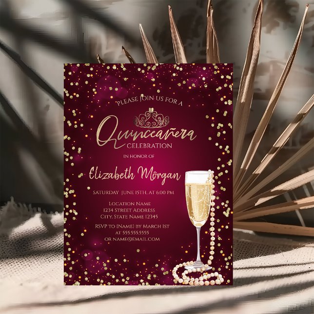Pearls Prosecco Diamonds BurgundyQuinceañera Invitation (Creator Uploaded)