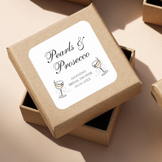 Pearls & Prosecco Elegant Bridal Shower Square Sticker (Pearls & Prosecco Elegant Bridal Shower Square Sticker)