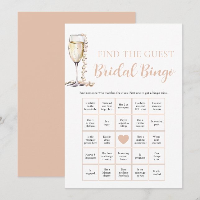 Pearls & Prosecco Find the Guest Bridal Bingo Game Invitation (Front/Back)